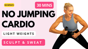 Woman performing a 30 minute no jumping cardio workout with light dumbbells and full-body standing movements.