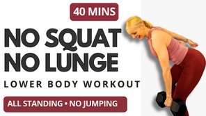 Woman performing knee-friendly lower body strength workout with dumbbells in a standing position