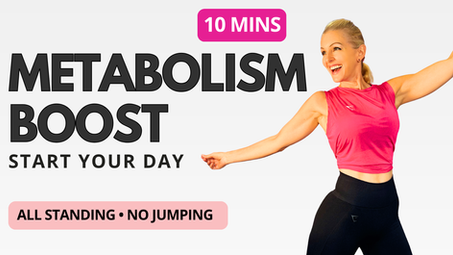 Woman performing a 10 minute metabolism boost workout with full body standing exercises.