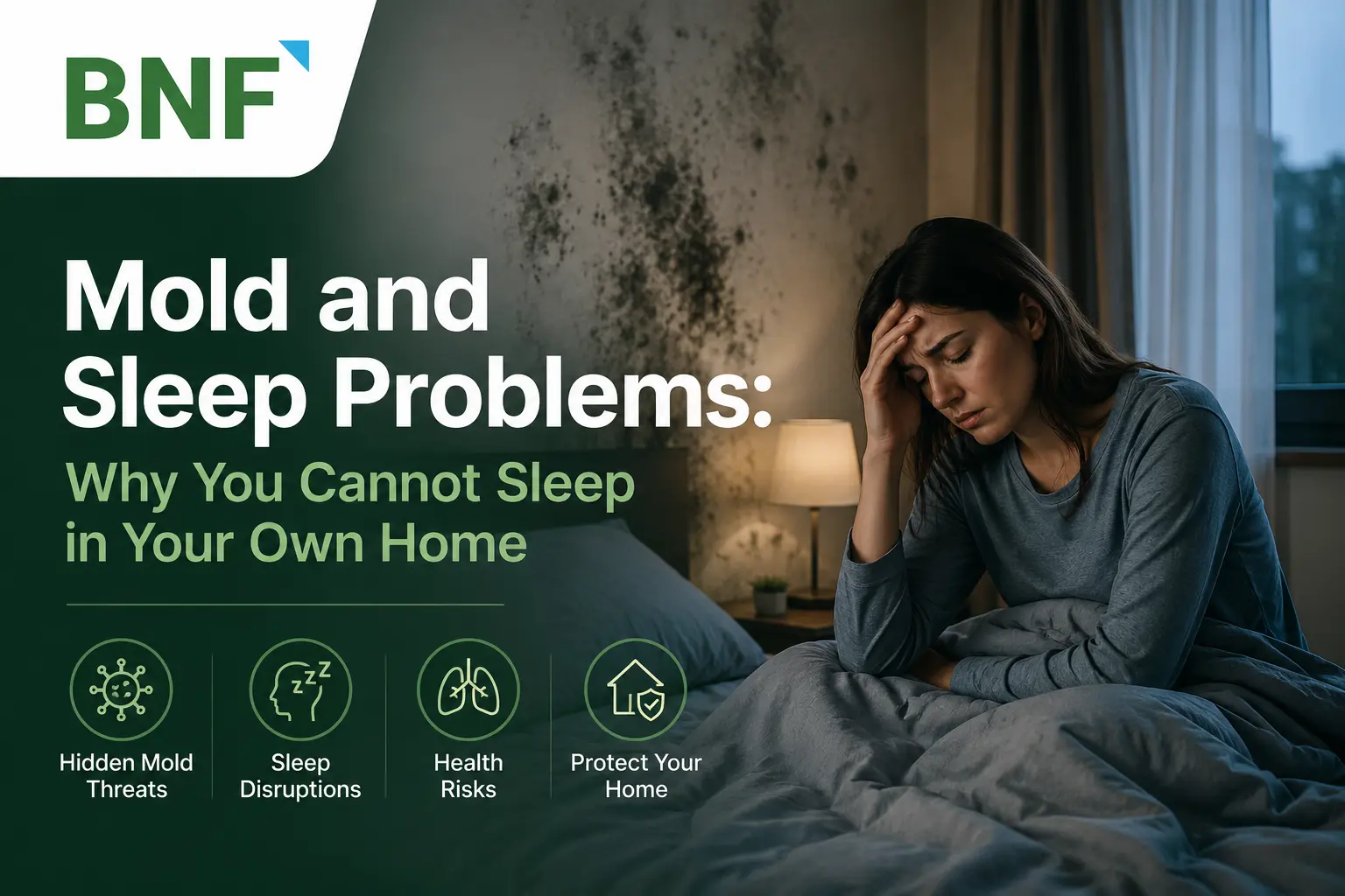Person lying awake with insomnia caused by mold exposure in bedroom NY NJ CT