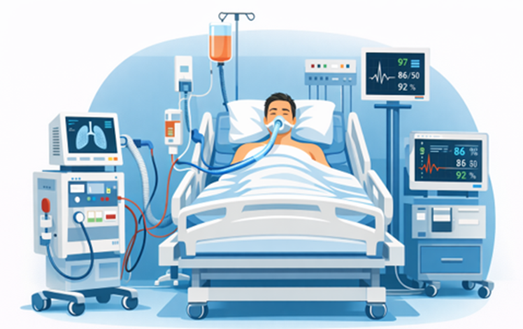 Illustration of a MICU room with Ventilator, dialysis & patient Monitoring Systems