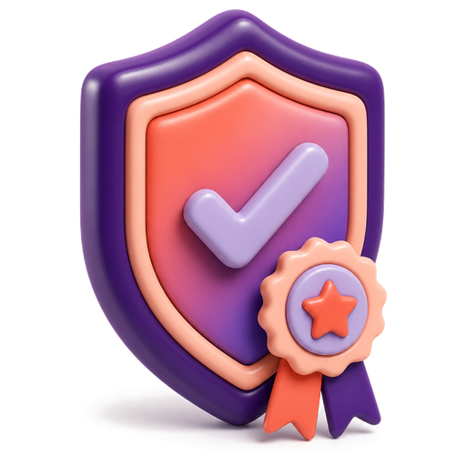 Shield with a check mark and award ribbon, representing standardised quality