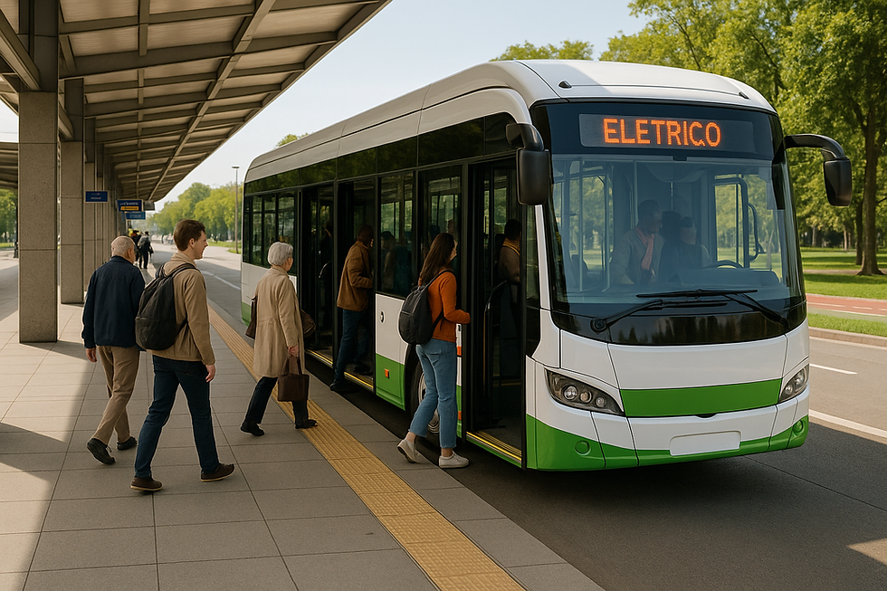 Estação de transporte público sustentável com ônibus elétrico e integração com ciclovias.