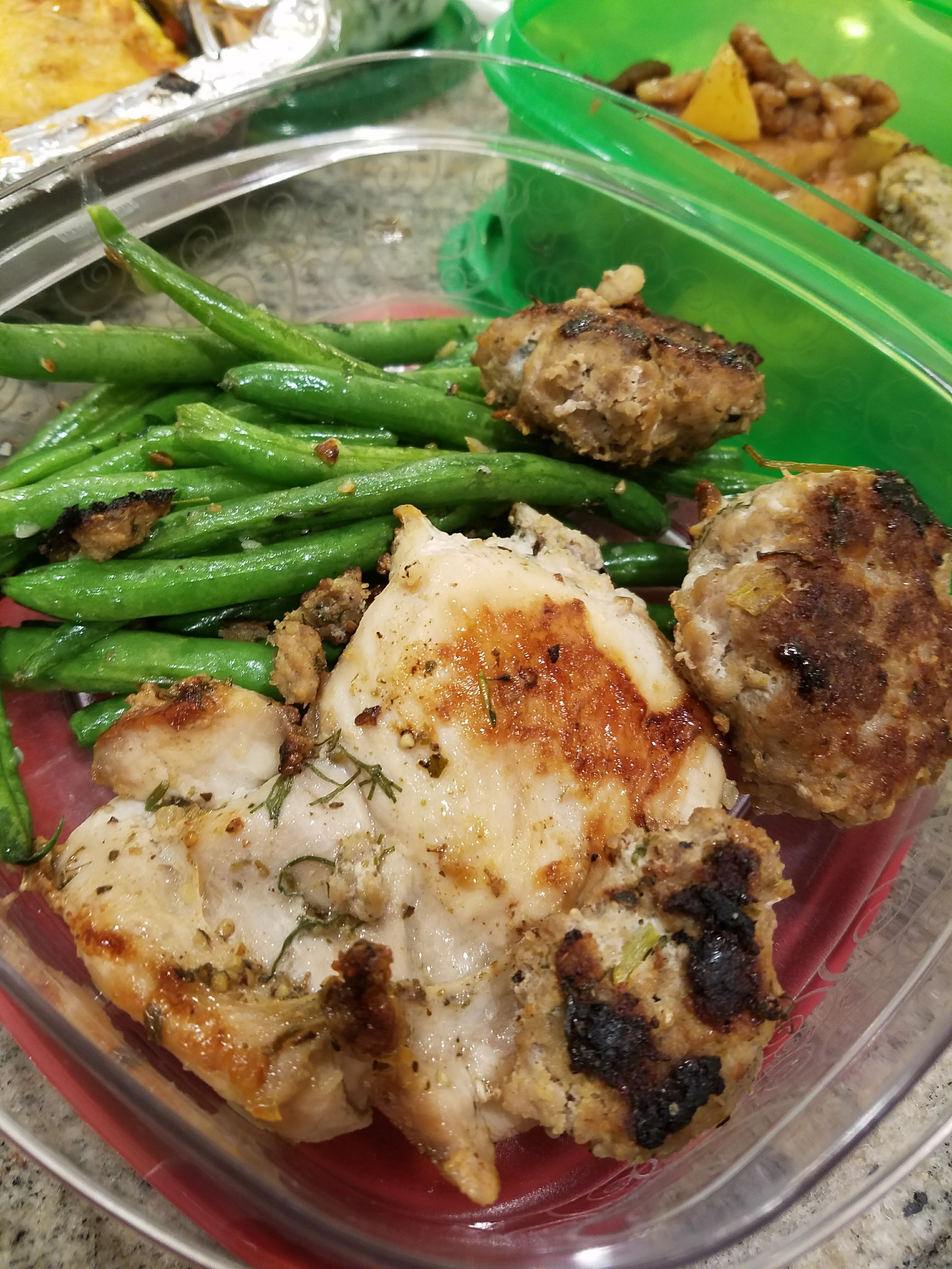 Rosemary Chicken, meatballs & greens