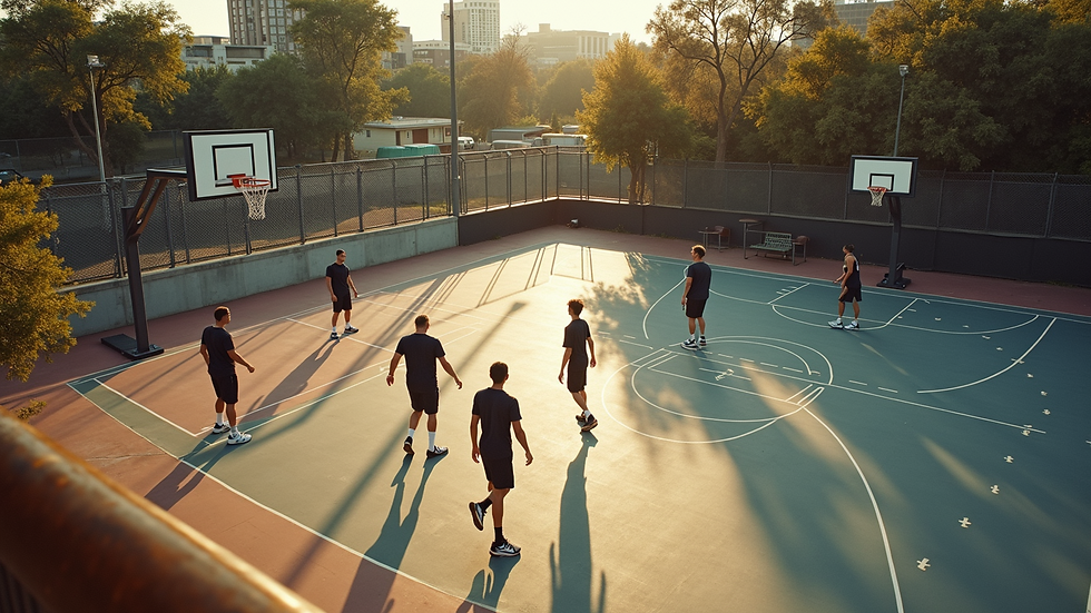 High angle view of a basketball team practicing together