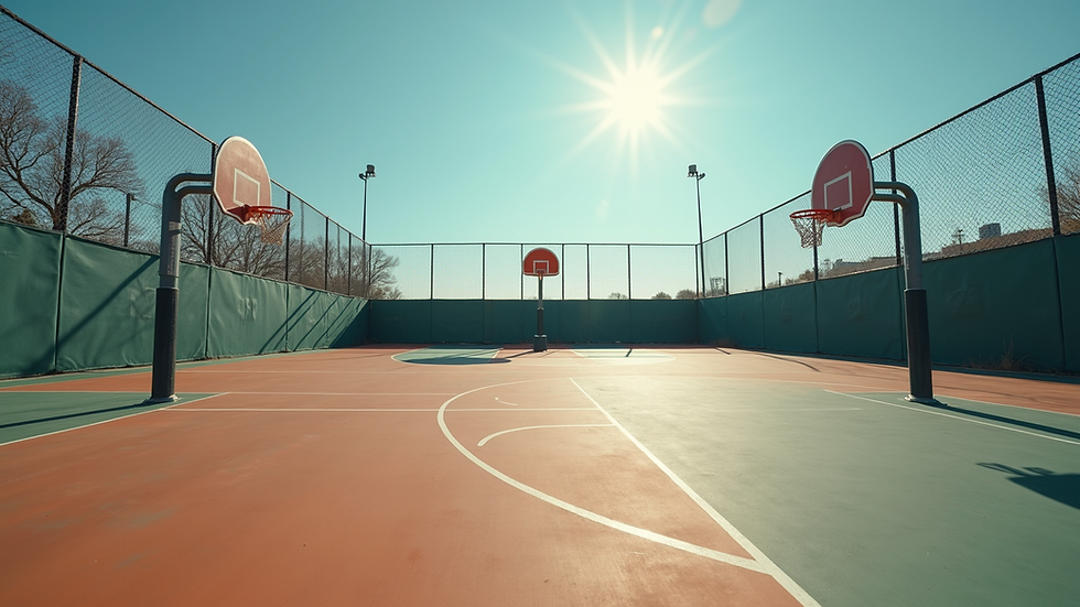 Wide angle view of a basketball court with training equipment