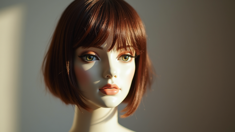 Close-up view of a stylish wig displayed on a mannequin head