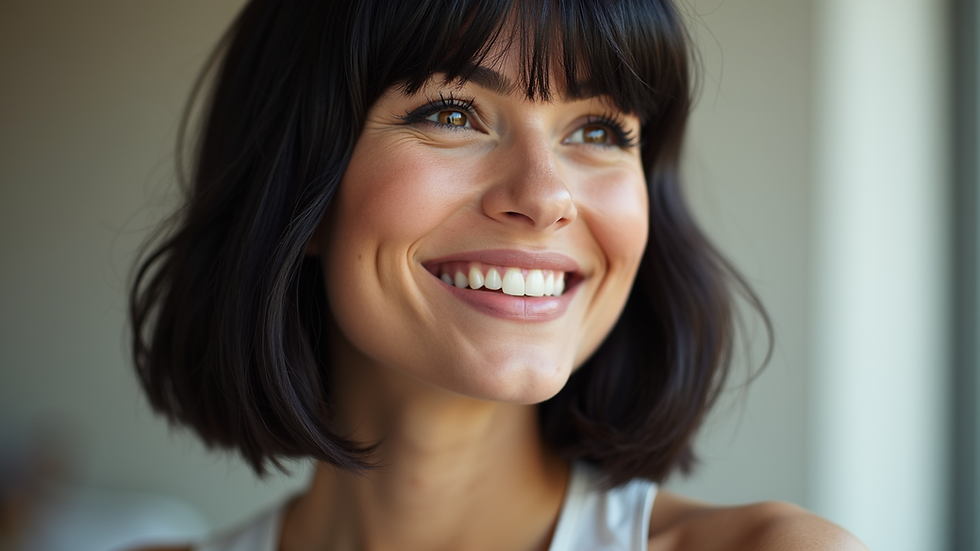 Close-up view of a woman wearing a stylish wig while smiling