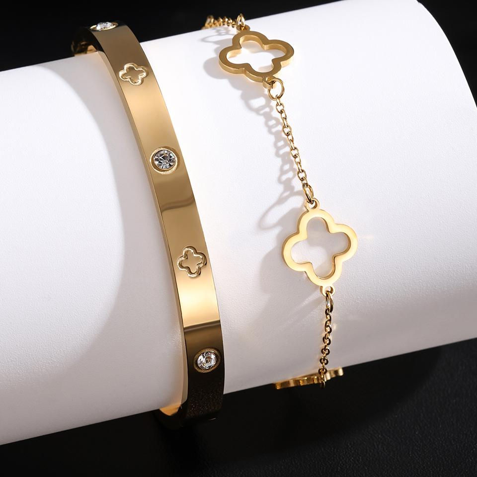 2Pcs Women's Lucky Clover And Heart Bracelet Set Stainless Steel Shiny Zircon Ch