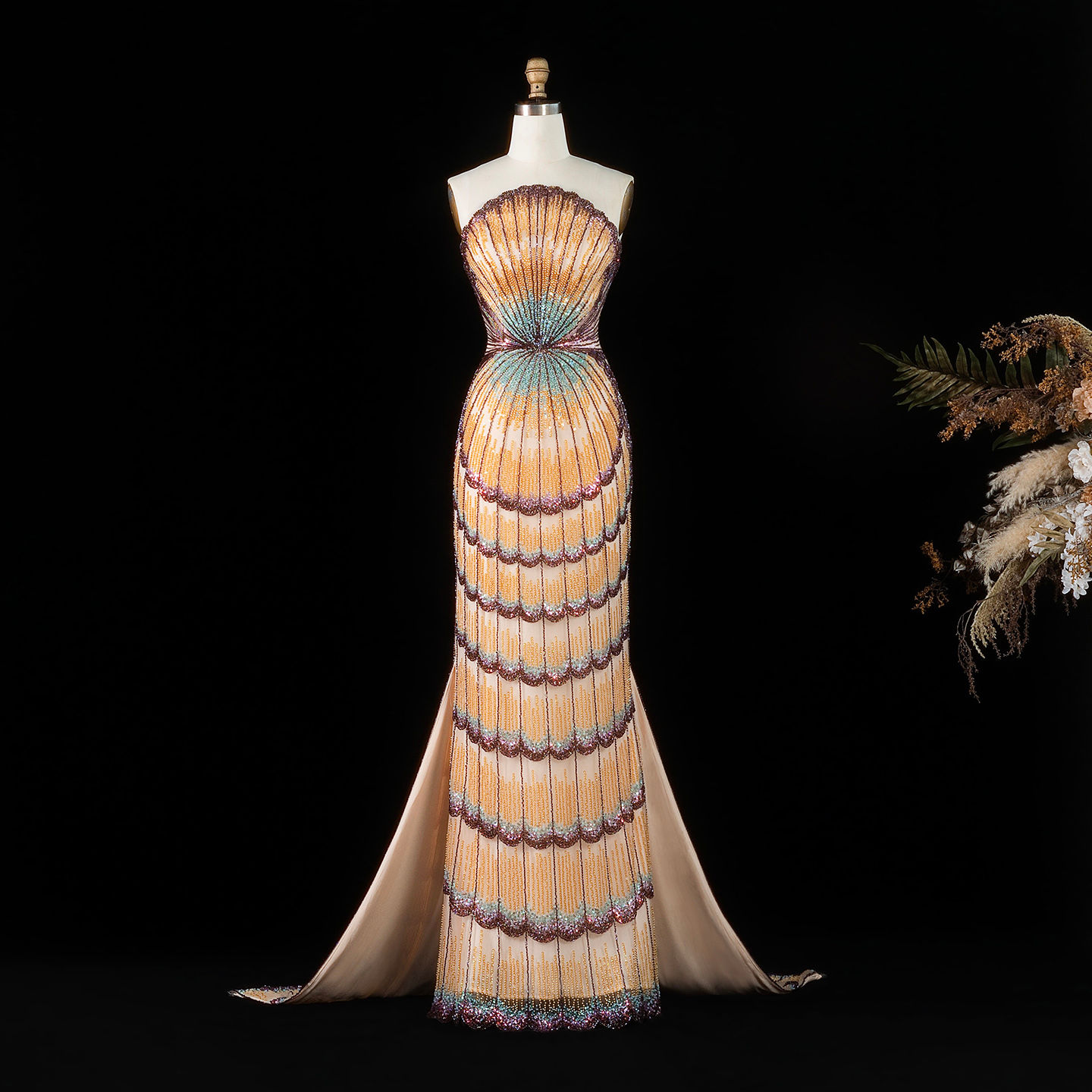 Sharon Said Luxury Beaded Long Evening Dress with Train Strapless Sequined Forma