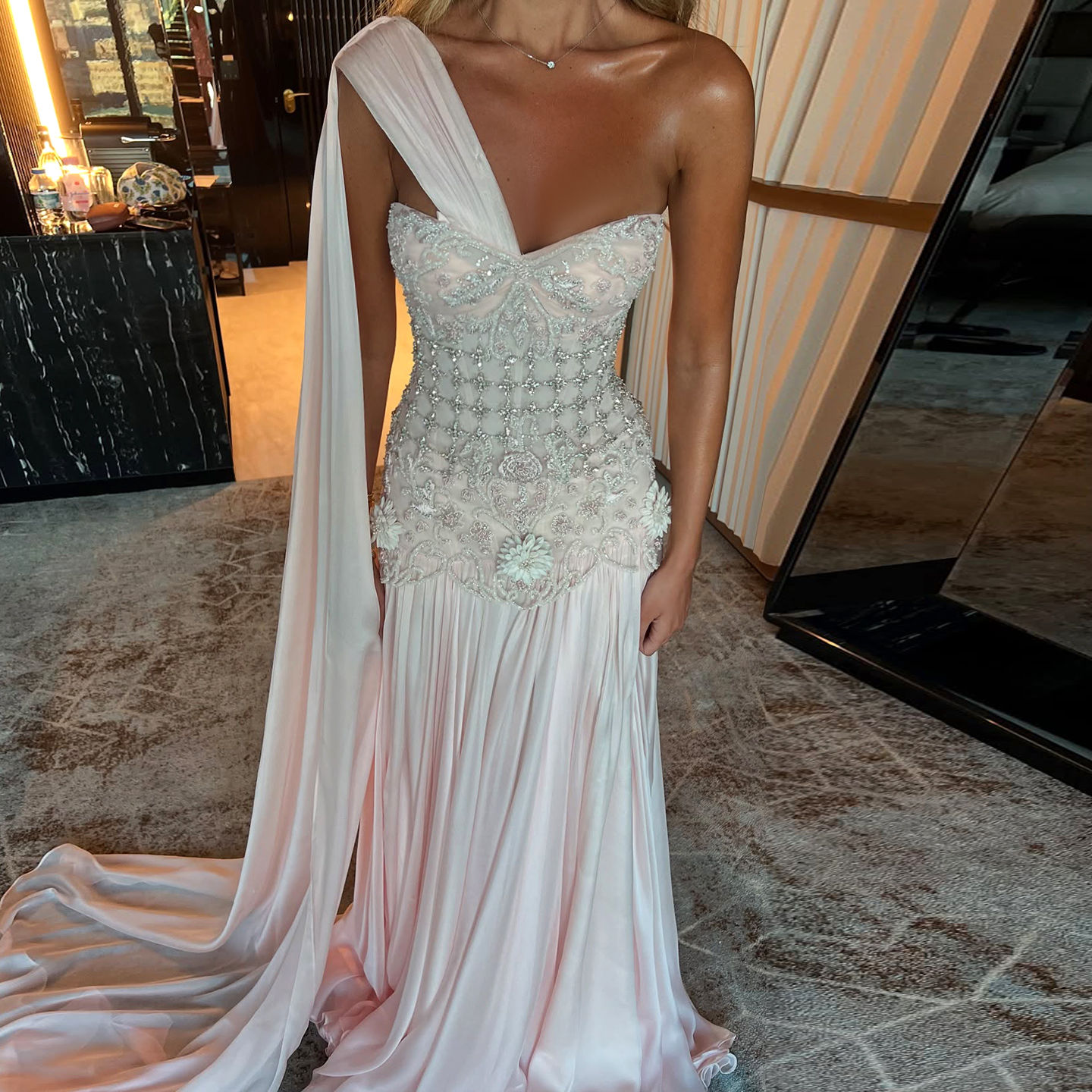 Elegant One Shoulder A Line Evening Dress with Cape