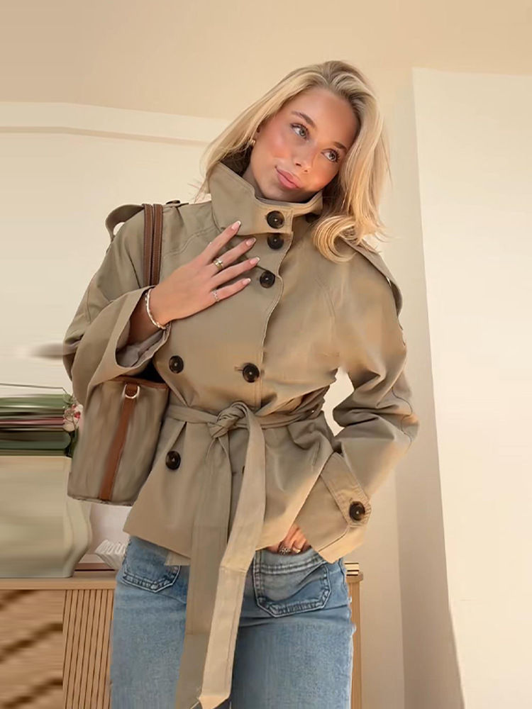 Belted Waist Cropped Trench Jackets Women Double Breasted Stand Collar Coats 202