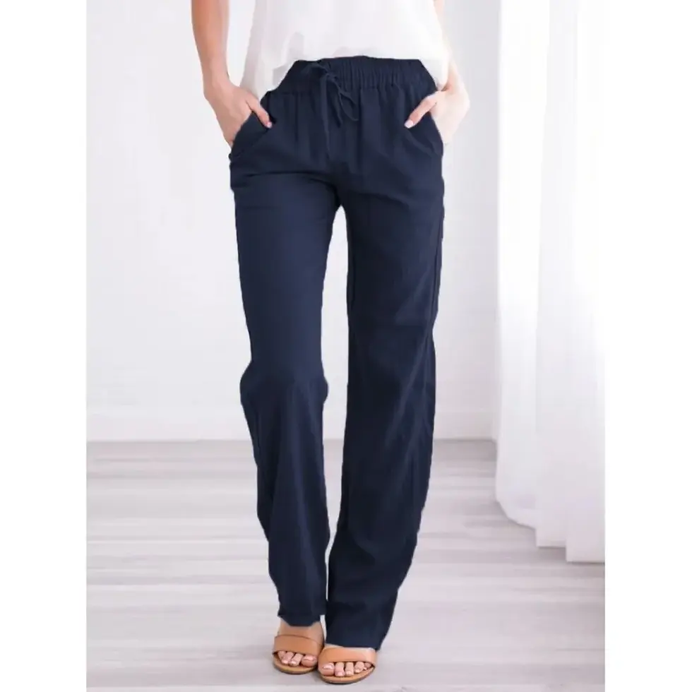 Miniatura: Women Cotton Linen Drawstring Pants Elastic Waist Casual Solid Color Trousers