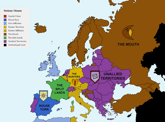 A map of alternate history Europe with a key containing the names of various fictional factions.