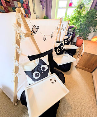 black cat themed sleep over tents, black cat cushions, cat bunting