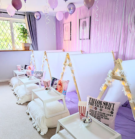 Taylor swift birthday party sleepover, purple bedding indoor tenst and Taylor swift pillow