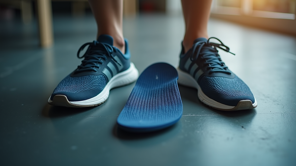 Eye-level view of custom orthotic inserts placed inside a pair of athletic shoes