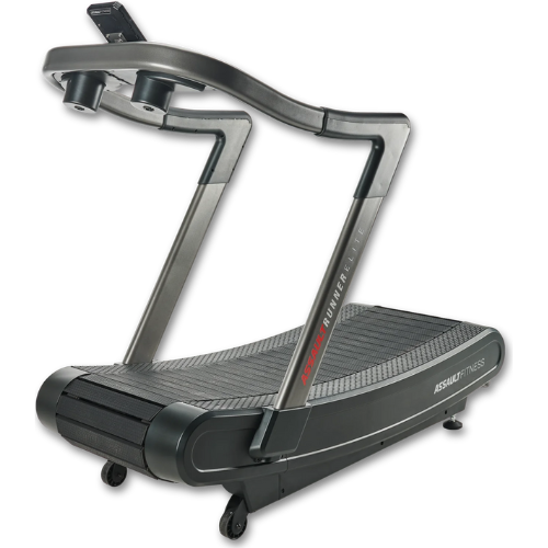 Gray treadmill machine with visible text. Fitness equipment for workout at home.
