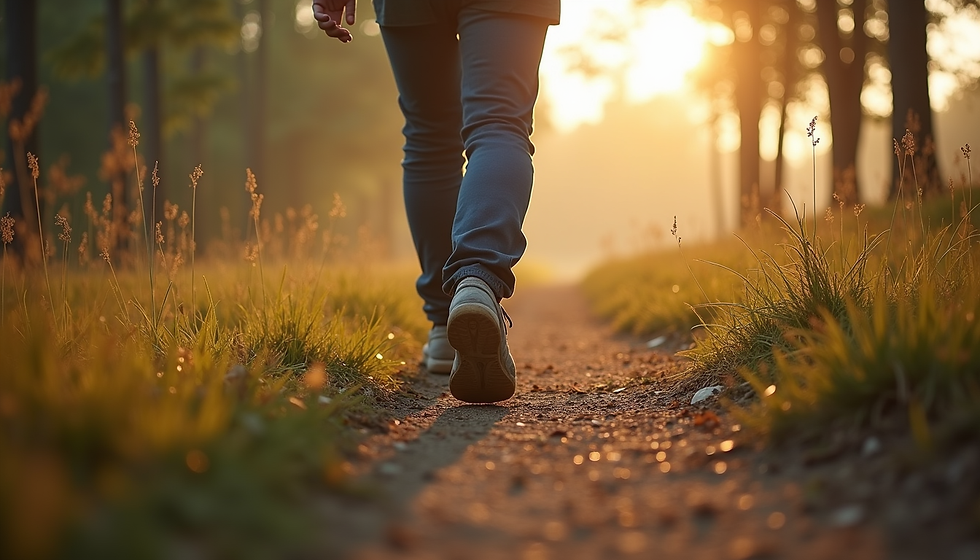 Persona caminando al amanecer por un sendero natural, representando rituales diarios y transformación personal consciente.