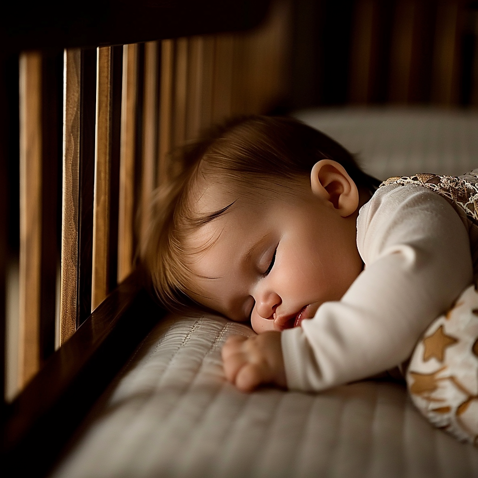 Bebé durmiendo tranquilamente en su cuna durante la noche con luz tenue y ambiente relajante