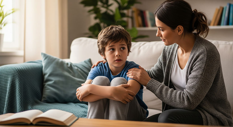 Madre reconfortando a su hijo ansioso en casa, transmitiendo calma y apoyo emocional durante una crisis de ansiedad.