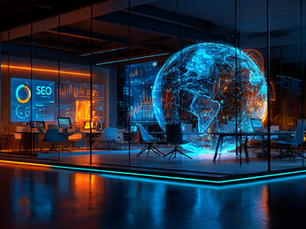 agencia de marketing digital futurista con hologramas y pantallas de SEO