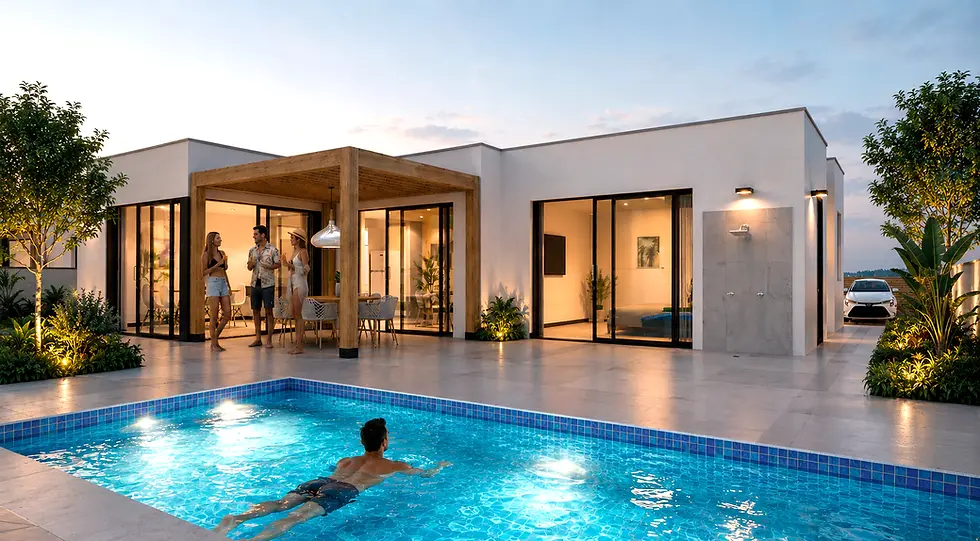 Render exterior de casa contemporánea unifamiliar con piscina y terraza en Bogotá