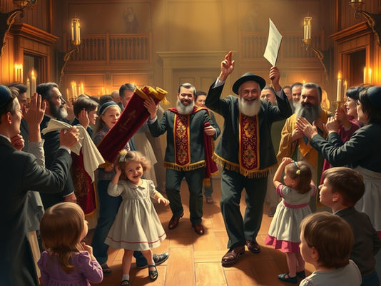 Celebración de Simjat Torá en una sinagoga iluminada, con hombres, mujeres y niños bailando con alegría alrededor de los rollos de la Torá. La escena refleja unión, espiritualidad y felicidad comunitaria.