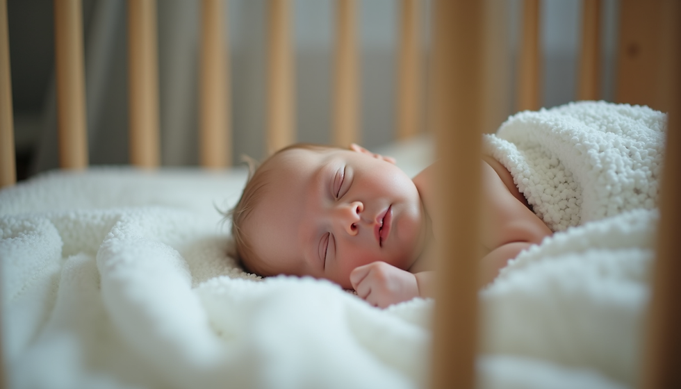 Plano cercano de una cuna con luz tenue y sonidos blancos para dormir