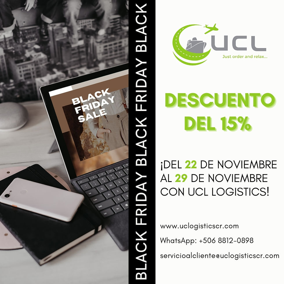Promoción de UCL Logistics con 15% de descuento en consolidación de carga del 22 al 29 de noviembre por Black Friday. Incluye contacto y logo.