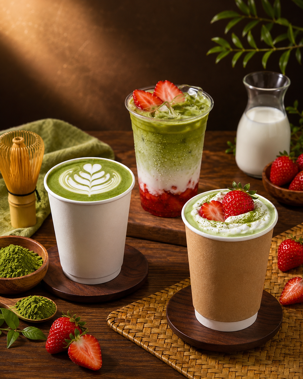 Harmoni strawberry matcha latte memberikan pengalaman minum lezat menyegarkan custom packaging Bliss