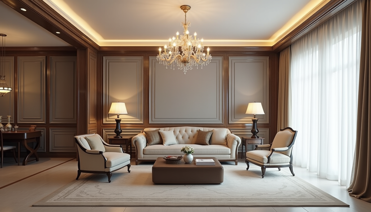 Góc nhìn ngang phòng khách phong cách Modern Classic với đèn chùm và nội thất sang trọng