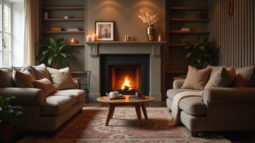 Eye-level view of a cozy living room with a fireplace