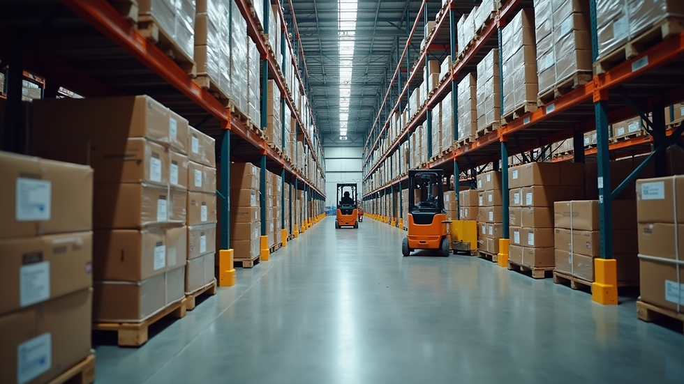 Eye-level view of a large warehouse with organized pallets and forklifts