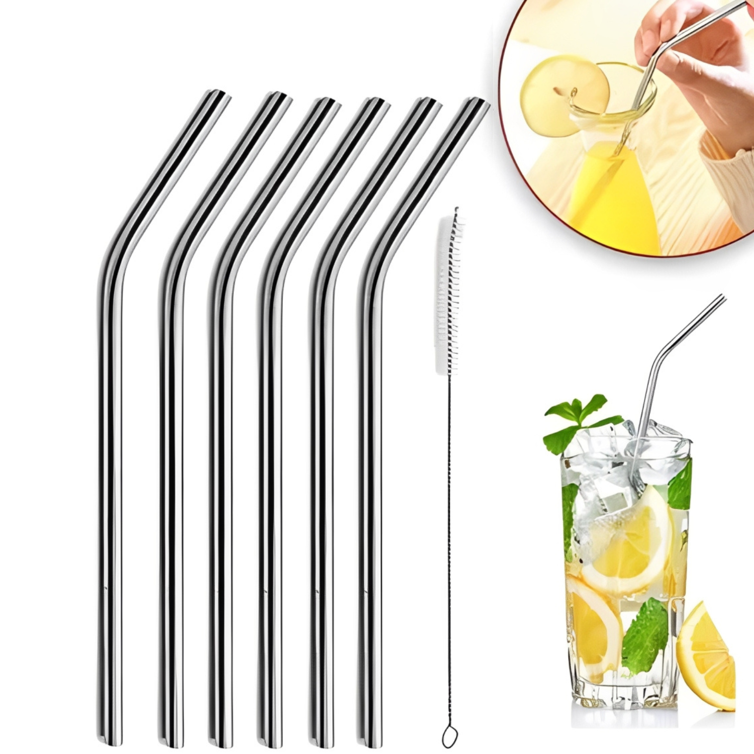 Canudo Inox 21cm Kit Com 6 Peças E Escova De Limpeza