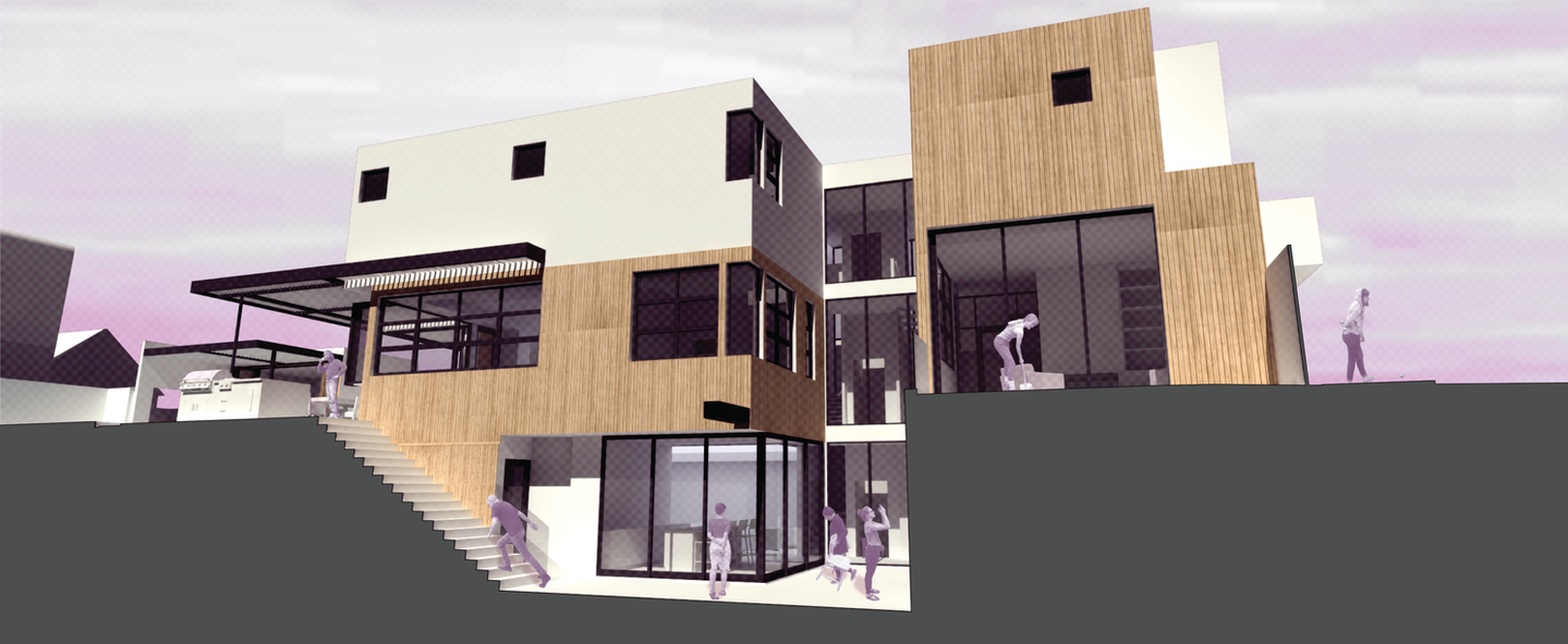 A rendering showing the full northeast elevation of the house. A section cut shows all three levels and how they are visually connected via the courtyard.