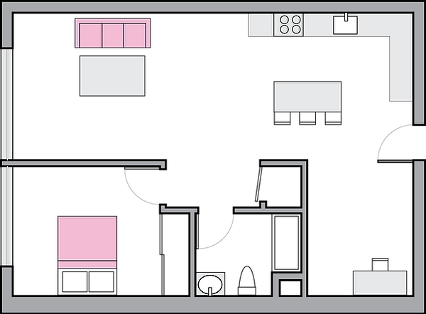 A 1-bedroom unit plan that is offered to the teachers/master artists of the proposed artist-in-residency program
