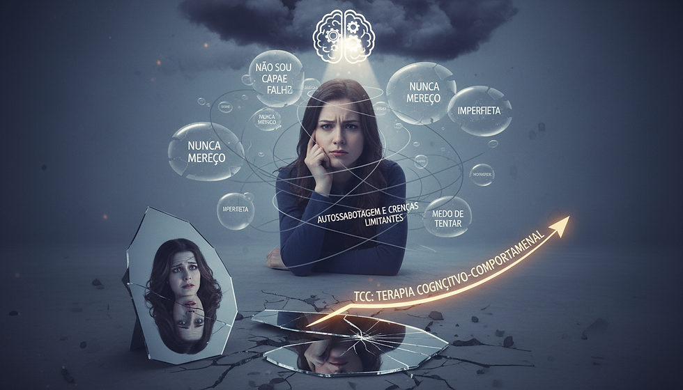 Mulher pensativa cercada de pensamentos negativos  representando autossabotagem e crenças limitantes,  conceito de Terapia Cognitivo-Comportamental