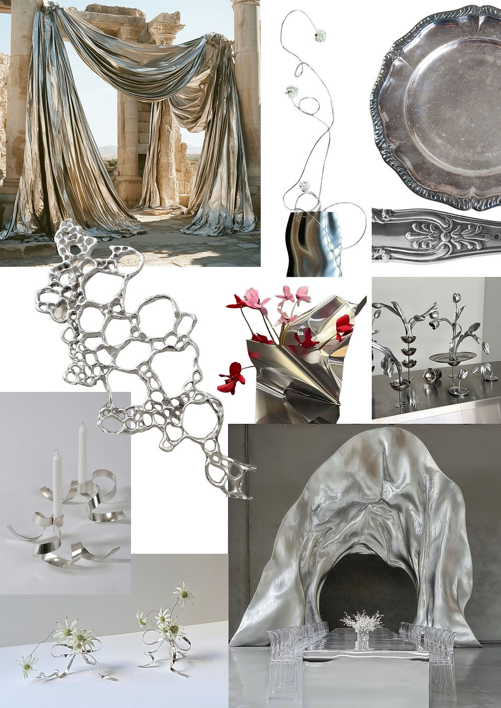 moodboard for a contemporary silver wedding theme