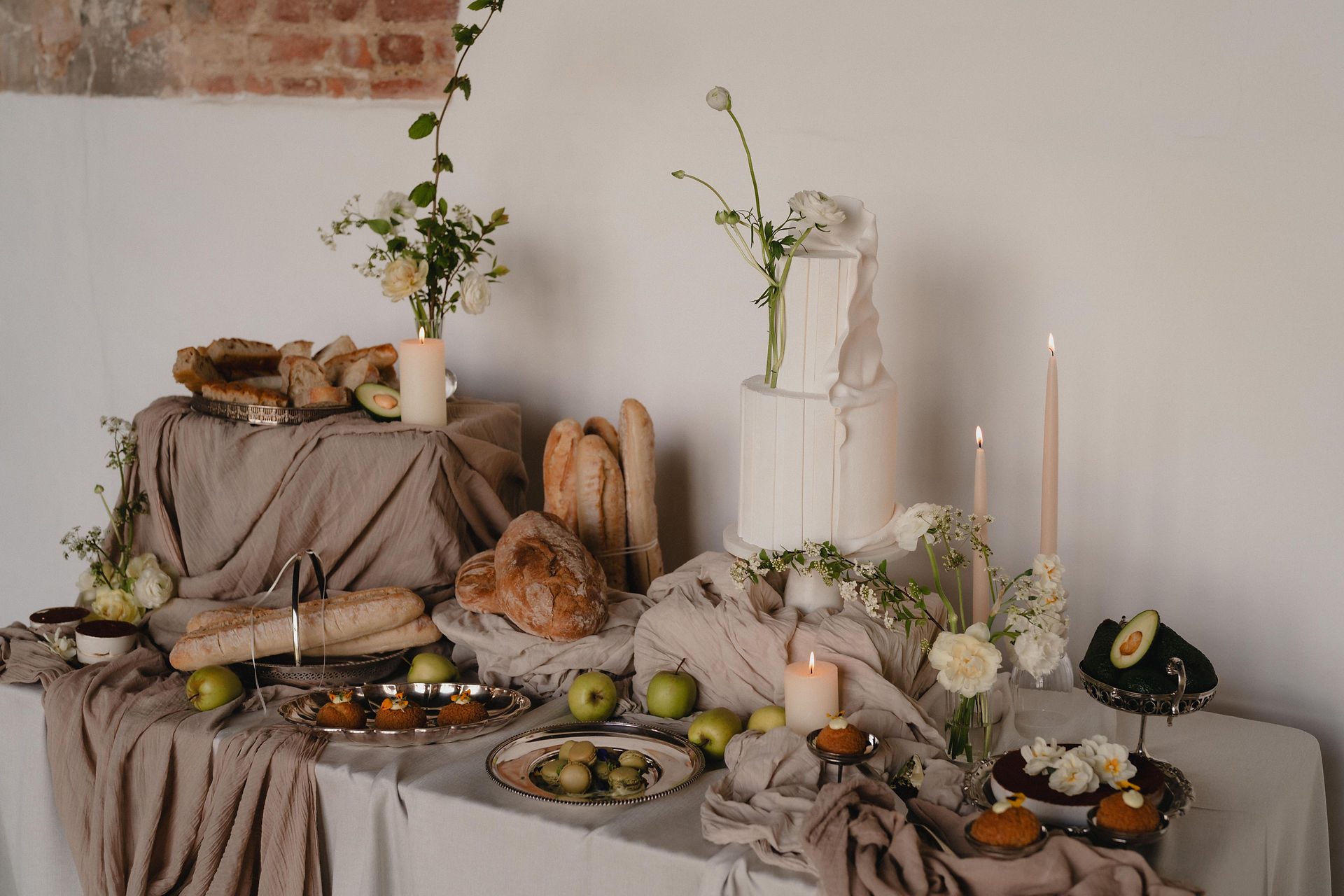 styled wedding cake and dessert table at curds hall barn by Synched Events