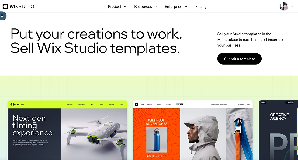 Wix Studioのテンプレート販売ページ。「Submit a template」ボタン、下部に複数のテンプレート例が並ぶ。