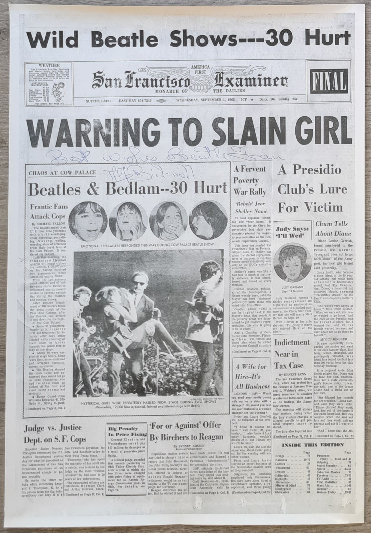 Alf Bicknell Signed Newspaper Headline Poster - The Beatles Chauffeur (1964-66)