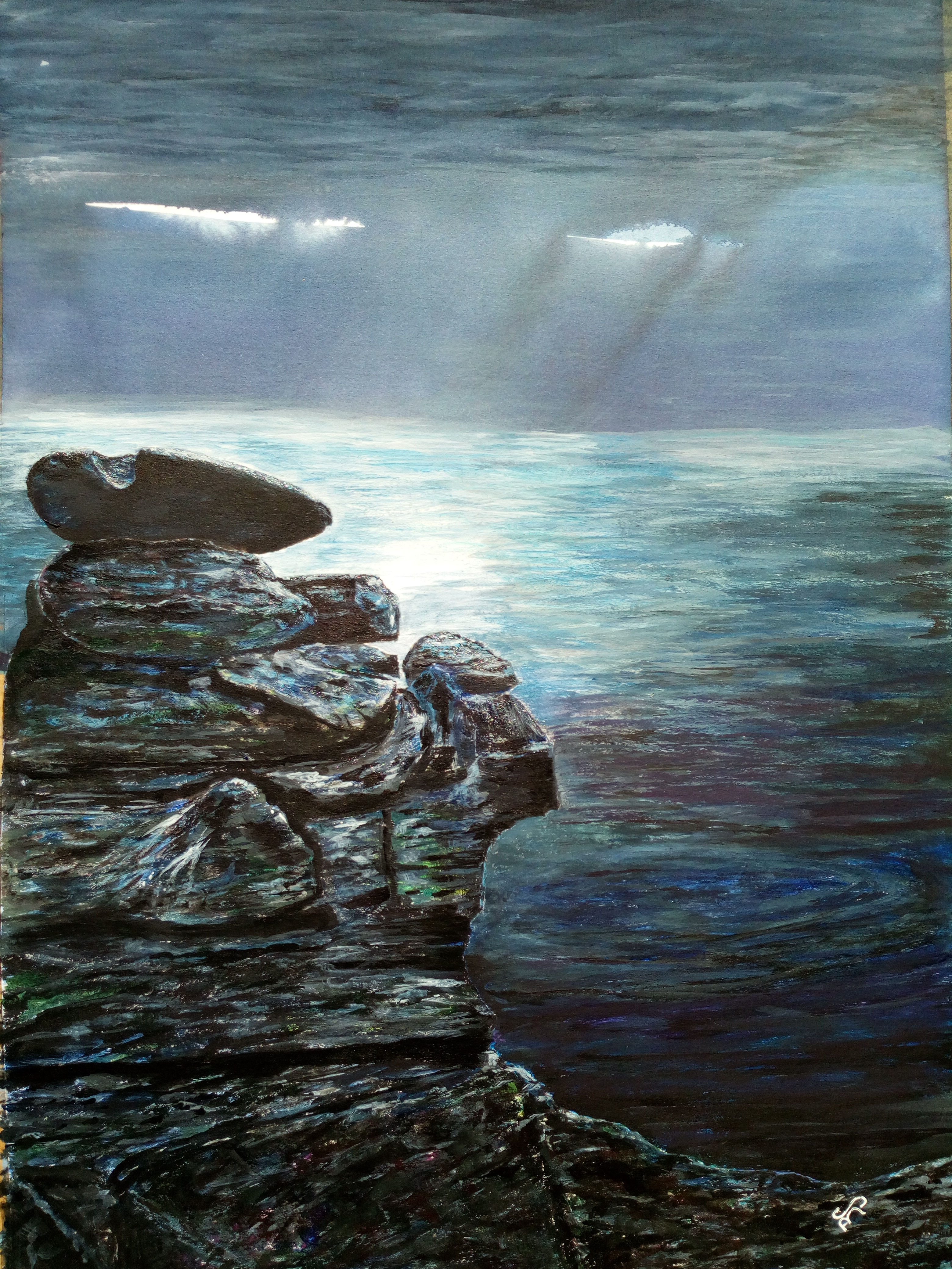 Moonlight Sentinels, mixed media painting, rocky outcrop and night sky, full image.