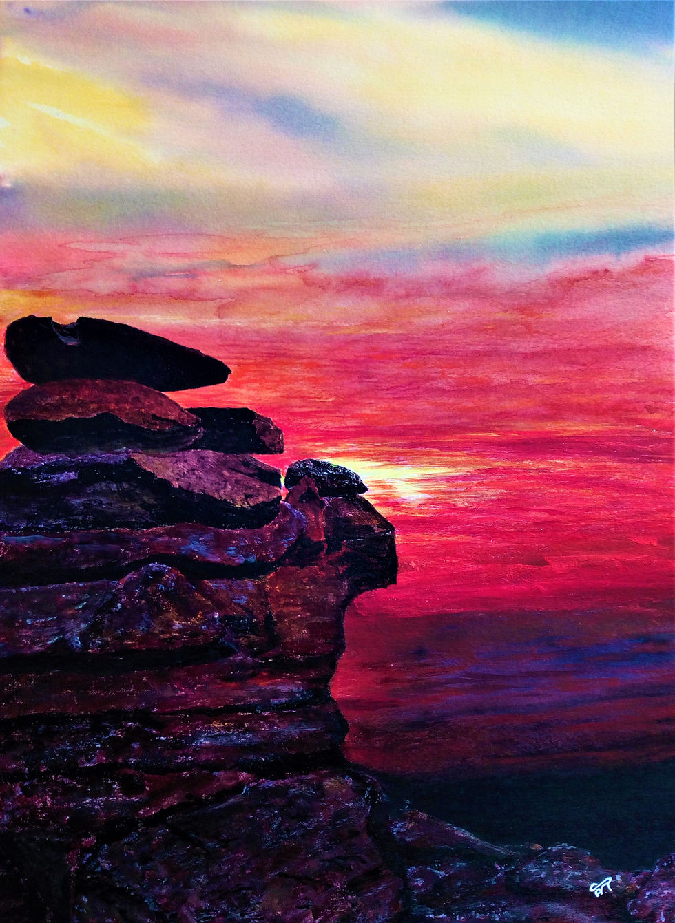 Sentinels of the Sunset, mixed media painting, rocky outcrop and sunset, full image.