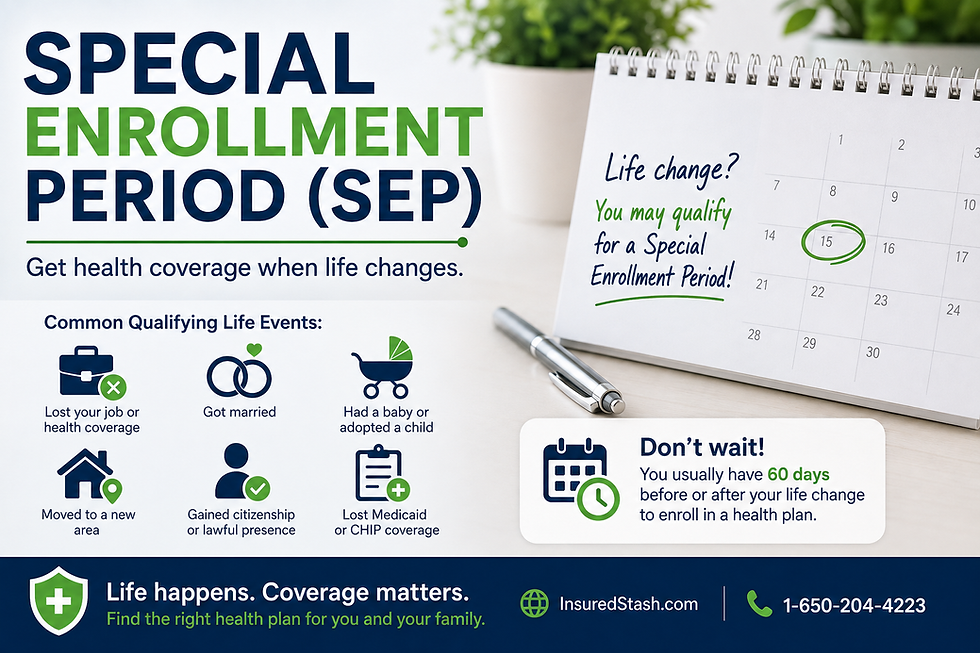 Special Enrollment Period (SEP) health insurance guide showing common qualifying life events including job loss, marriage, moving, and having a baby that allow enrollment outside Open Enrollment.