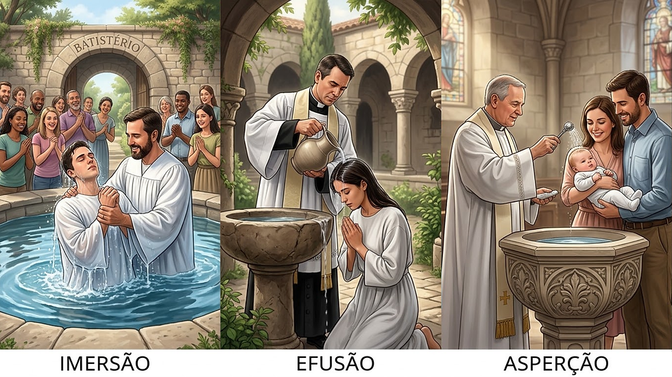 Ilustração das formas de batismo por imersão, efusão e asperção. Feito com IA (Gemini)
