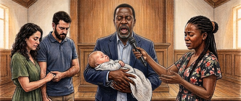 Ilustração de um casal apresentando seu bebê diante da Igreja. O pastor está segurando a criança nos braços e orando para que o Senhor abençoe ela. Feito com IA (Gemini)