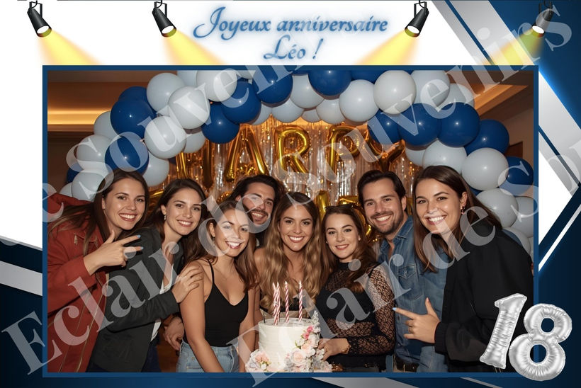 Photobooth anniversaire 18 ans bleu blanc argent élégant