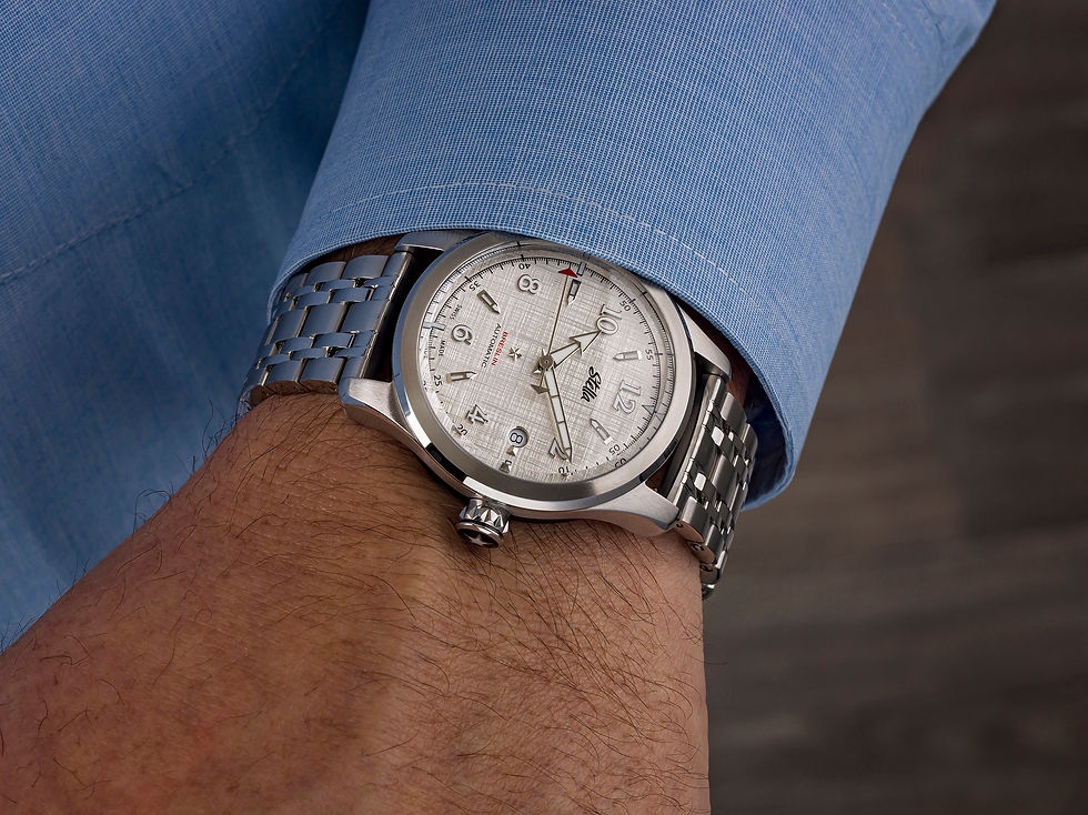 The Stella Breslin in Silver Linen Texture with our 7 Link Stainless Steel Bracelet