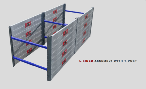 ESC trench box in a 4-sided assembly with T-posts and blue struts, designed for maximum excavation safety and durable shoring solutions.